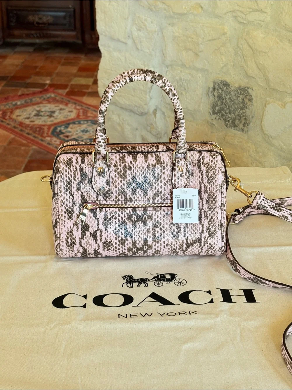Coach Pink Snake-Print Satchel with Matching Wallet and Charm Chain